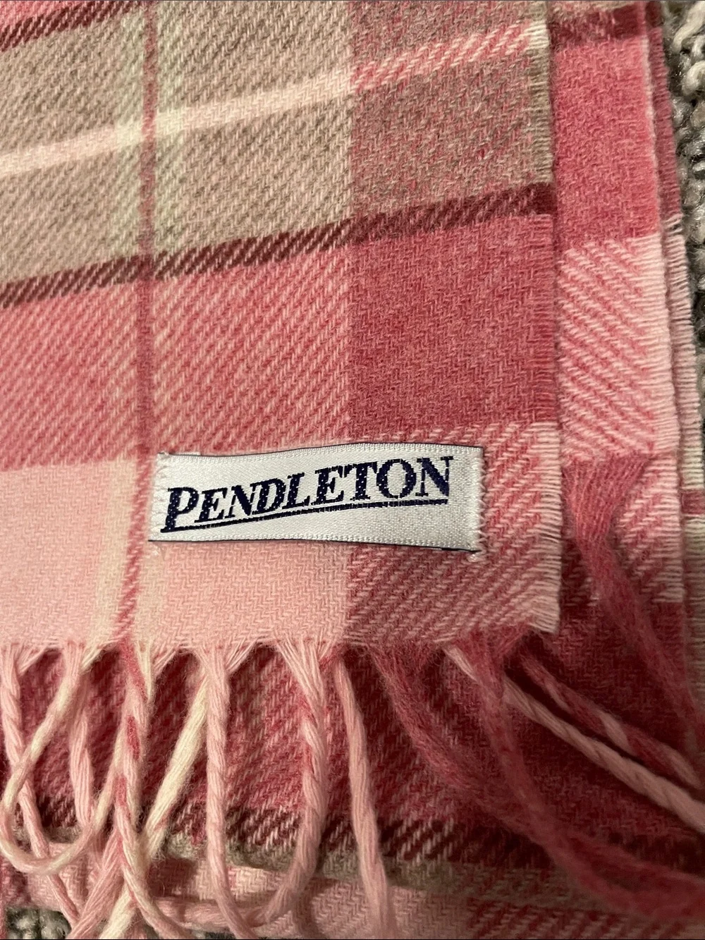 Pendleton Pink Plaid Wool Fringe Scarf